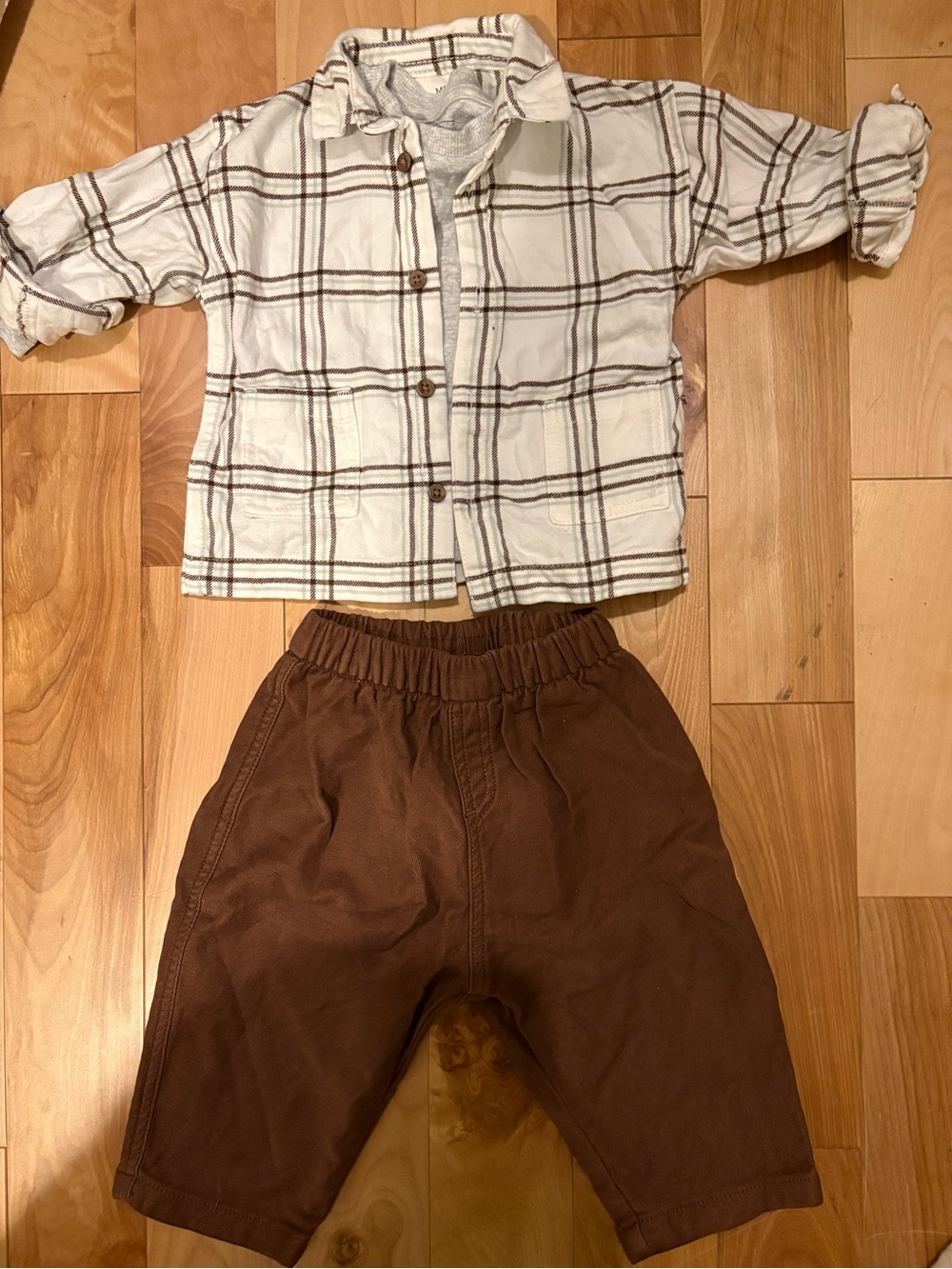 Marks & Spencer 3-piece cotton check shirt, long sleeve and pants set, size 6-9m
